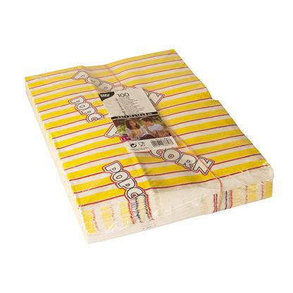 A sealed package of 100 popcorn bags by PAPSTAR GmbH made from greaseproof parchment substitute with yellow-red stripes is partially wrapped in clear plastic and labeled with product details.