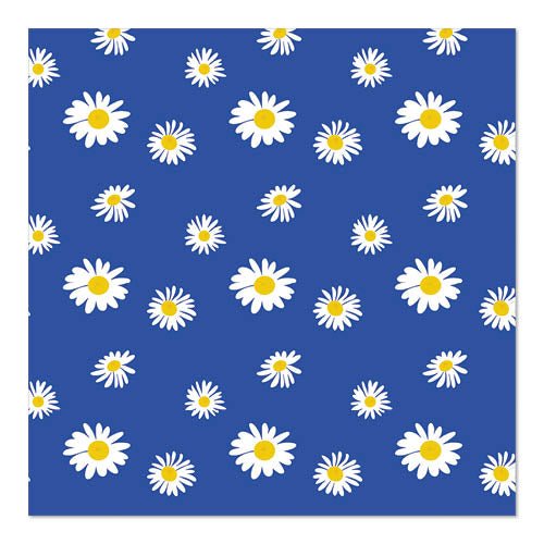 The PAPSTAR GmbH 20 napkins design set 2 features a pattern of white daisies with yellow centers on a solid blue background. The 3-ply napkins are 33 x 33 cm in size and offer varied, evenly distributed daisy motifs.
