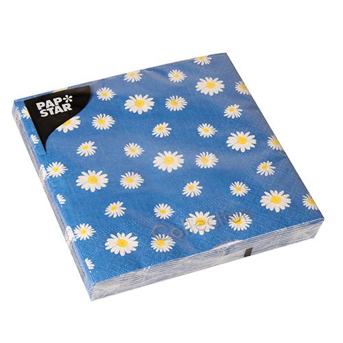 A pack of 20 PAPSTAR napkins from PAPSTAR GmbH, 33 x 33 cm, 3-ply, with white daisies and yellow centers on blue. At the top left, "Pap Star" is written in white on black.