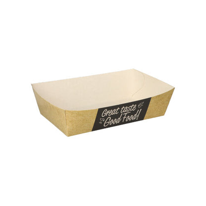 A rectangular, biodegradable PAPSTAR 50 French fries tray "pure" (3.5 x 7 cm) with short sides and a black "Good Food" label stands empty on a white background. Brand: PAPSTAR GmbH.