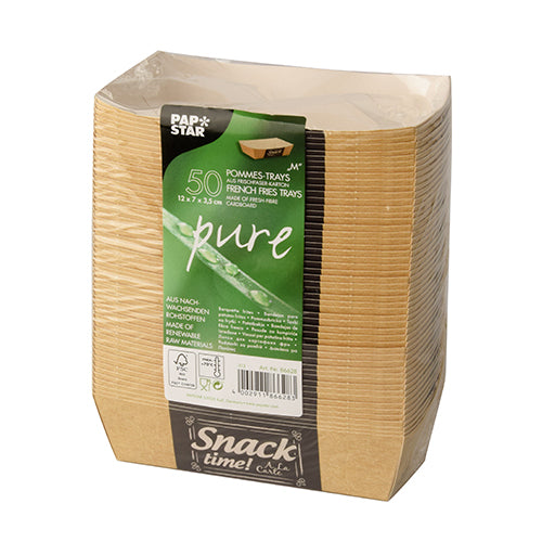 A stack of 50 PAPSTAR "pure" French fry trays (3.5 x 7 cm) from PAPSTAR GmbH, labeled with "Good Food", made from renewable resources, biodegradable, eco-friendly – ideal for serving fries.
