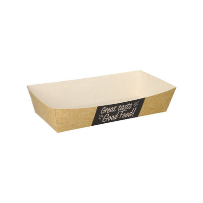 A rectangular, brown PAPSTAR "pure" French fries tray (3.5 x 7 cm) with a black "Good Food" label stands empty on a white background. Environmentally friendly and ideal for French fries, it comes in a pack of 50 from PAPSTAR GmbH.