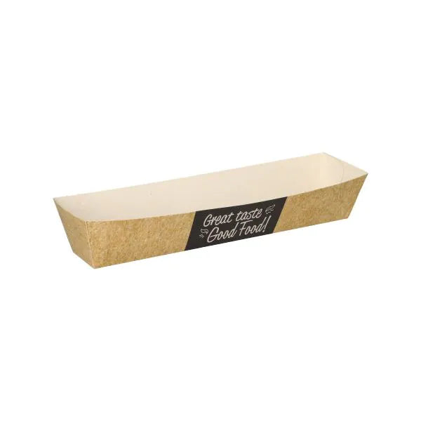 A rectangular brown-white PAPSTAR "pure" cardboard snack tray with "Good Food!" on the side, depicted empty against a white background - an eco-friendly solution by PAPSTAR GmbH.