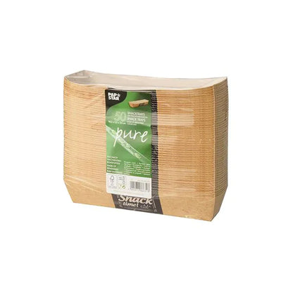 A pack of PAPSTAR 50 snack trays, cardboard "pure" "Good Food" by PAPSTAR GmbH is depicted in clear plastic with a green and white label. These rectangular brown trays are eco-friendly, made from sustainable material for serving snacks.