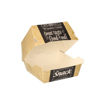 A PAPSTAR 50 burger boxes, cardboard "pure" "Good Food" of PAPSTAR GmbH - an eco-friendly burger box made of cardboard with a folding lid, black labels with the inscription "Snack" and "Great taste & Good Food!", empty against a white background.