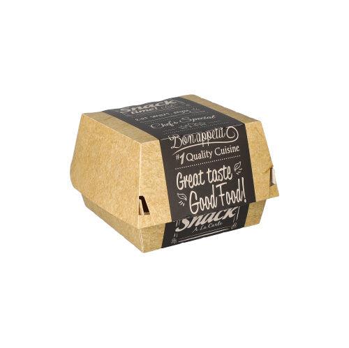 A closed brown PAPSTAR 50 burger boxes made of cardboard "pure" Good Food by PAPSTAR GmbH, with a black label with "Enjoy your meal! Quality kitchen, great taste Good Food! Snack," stands centrally on a white background.