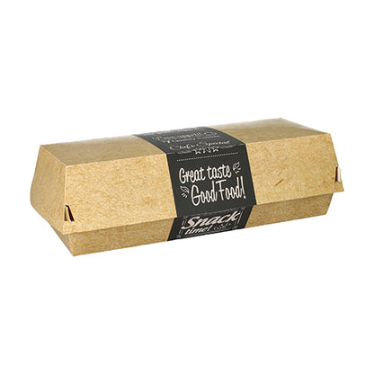 The PAPSTAR baguette boxes "pure" (6.5x7.5x21 cm) from PAPSTAR GmbH are environmentally friendly, plain brown cardboard food containers with flip-top lid and black label - ideal for snacks; pack of 50 boxes wrapped in shrink wrap.