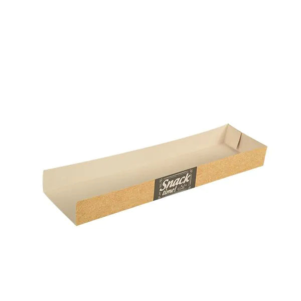 A rectangular, beige PAPSTAR 50 snack trays, cardboard "pure" "Good Food" tray by PAPSTAR GmbH with a brown exterior and "Good Food" label - an eco-friendly choice for any occasion, depicted empty on a white background.