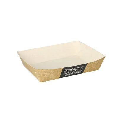 The PAPSTAR 50 snack trays "pure" by PAPSTAR GmbH are rectangular disposable cardboard trays with a brown exterior, white interior, and the print "Great taste & Good food!" in white lettering. This sustainable tray is empty.