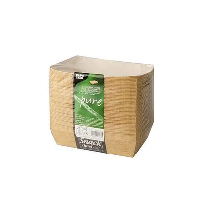 A pack of 50 PAPSTAR GmbH "pure" Good Food brown rectangular snack trays made of cardboard, with a green-white label, neatly stacked and wrapped in clear foil.