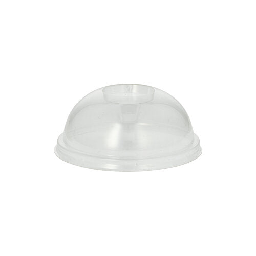 The PAPSTAR 100 dome lid, PLA "pure" round Ø 9.5 cm · 4.5 cm crystal clear from PAPSTAR GmbH is a clear, dome-shaped lid with a small, round opening, designed for cups or food containers. Depicted on a plain white background.