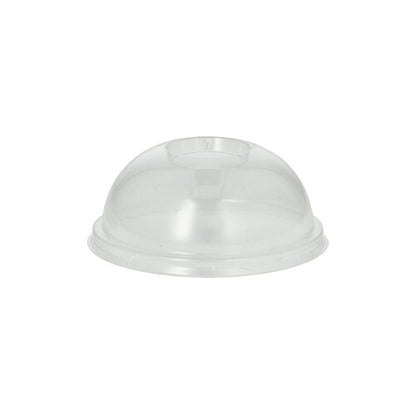 The PAPSTAR 100 dome lid, PLA "pure" round Ø 9.5 cm x 4.5 cm crystal clear from PAPSTAR GmbH is a clear dome lid with a central opening for food packaging, depicted on a plain white background.
