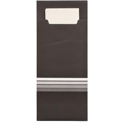 The PAPSTAR 520 cutlery pouches from PAPSTAR GmbH are black paper covers (20 x 8.5 cm) with three white/gray stripes at the bottom and a matching white napkin that is partially visible at the top.