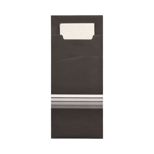 The PAPSTAR 520 cutlery pouches (20 x 8.5 cm), black with a white insert and three silver lines, are made of high-quality material and include a matching 2-ply napkin (33 x 33 cm). Manufacturer: PAPSTAR GmbH.