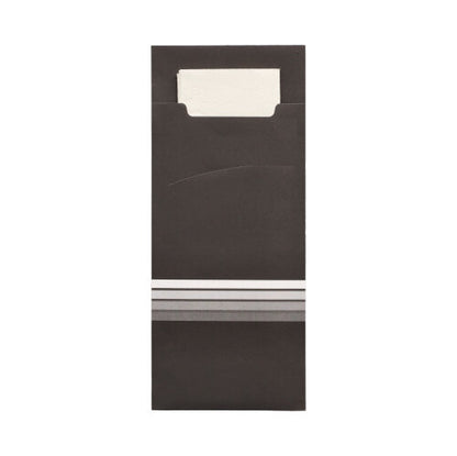 The PAPSTAR 520 cutlery pouches (20 x 8.5 cm), black with a white insert and three silver lines, are made of high-quality material and include a matching 2-ply napkin (33 x 33 cm). Manufacturer: PAPSTAR GmbH.