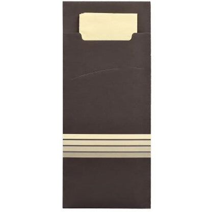 The PAPSTAR 520 cutlery pouches (20x8.5 cm) from PAPSTAR GmbH consist of a dark brown cover with beige stripes and a matching napkin (33x33 cm, 2-ply), made from high-quality materials - perfect as a stylish cutlery pouch or integrated napkin.