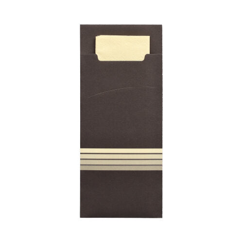 A dark brown rectangular PAPSTAR 520 cutlery pouch (20 x 8.5 cm) with three beige lines, made from 2-ply material by PAPSTAR GmbH, contains a matching folded beige napkin (33 x 33 cm), partially visible at the top.