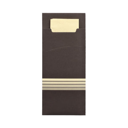 A dark brown rectangular PAPSTAR 520 cutlery pouch (20 x 8.5 cm) with three beige lines, made from 2-ply material by PAPSTAR GmbH, contains a matching folded beige napkin (33 x 33 cm), partially visible at the top.