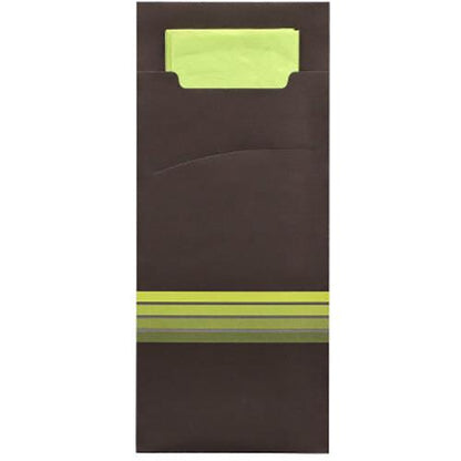 A PAPSTAR GmbH 520 cutlery pouch (20 x 8.5 cm) with three yellow-green stripes at the bottom edge, containing a matching folded light green 2-ply napkin in the format 33 x 33 cm, partially visible through the open top.