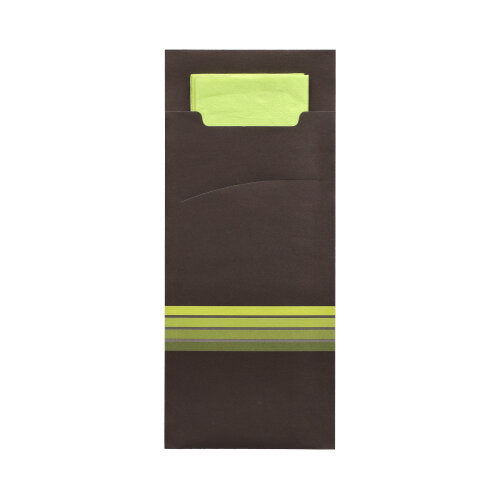 The PAPSTAR 520 cutlery pouches from PAPSTAR GmbH are dark brown cutlery pouches with green-gray striped edging at the bottom, containing a matching light green napkin. The dimensions of the cutlery pouches are 20 x 8.5 cm and come with a 33 x 33 cm, two-layer napkin.