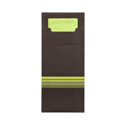 The PAPSTAR 520 cutlery pouches from PAPSTAR GmbH are dark brown cutlery pouches with green-gray striped edging at the bottom, containing a matching light green napkin. The dimensions of the cutlery pouches are 20 x 8.5 cm and come with a 33 x 33 cm, two-layer napkin.