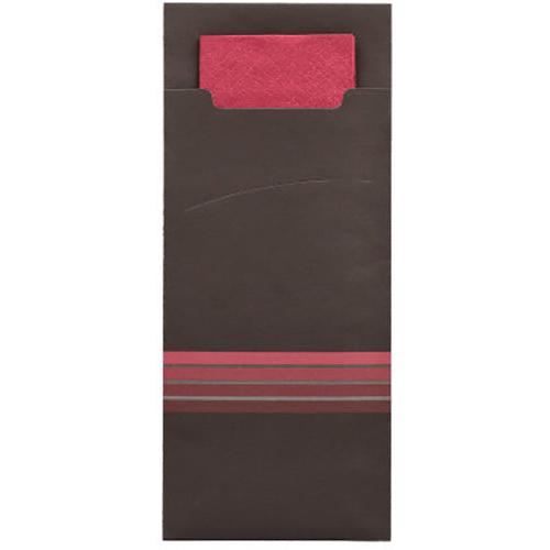 A dark brown PAPSTAR 520 cutlery pouch cover (20x8.5cm) from PAPSTAR GmbH with a matching red napkin, partially visible inside, features three horizontal red and gray stripes at the bottom.