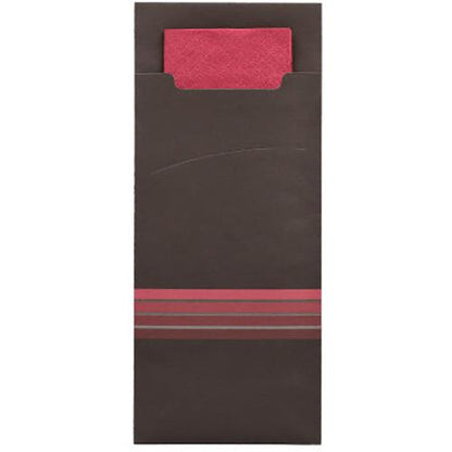 A dark brown PAPSTAR 520 cutlery pouch cover (20x8.5cm) from PAPSTAR GmbH with a matching red napkin, partially visible inside, features three horizontal red and gray stripes at the bottom.