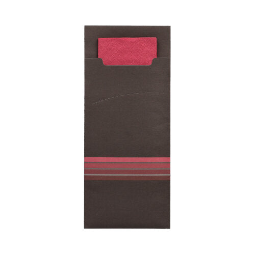 A black rectangular PAPSTAR 520 cutlery bag (20 x 8.5 cm) from PAPSTAR GmbH with three red horizontal stripes at the bottom and partially open to present the matching 2-ply red napkin (33 x 33 cm) inside.