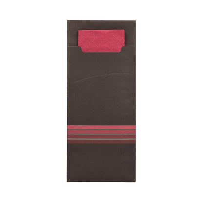A black rectangular PAPSTAR 520 cutlery bag (20 x 8.5 cm) from PAPSTAR GmbH with three red horizontal stripes at the bottom and partially open to present the matching 2-ply red napkin (33 x 33 cm) inside.