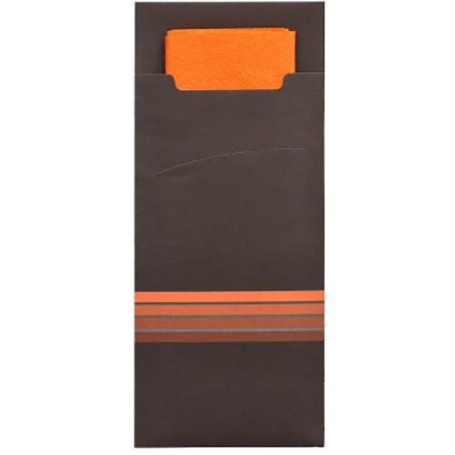 The PAPSTAR 520 cutlery pouches (20 x 8.5 cm) from PAPSTAR GmbH are a brown paper cover with three orange stripes, serving as an elegant cutlery pouch and containing a matching, partially visible orange napkin (33 x 33 cm, 2-ply).