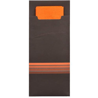 The PAPSTAR 520 cutlery pouches (20 x 8.5 cm) from PAPSTAR GmbH are a brown paper cover with three orange stripes, serving as an elegant cutlery pouch and containing a matching, partially visible orange napkin (33 x 33 cm, 2-ply).