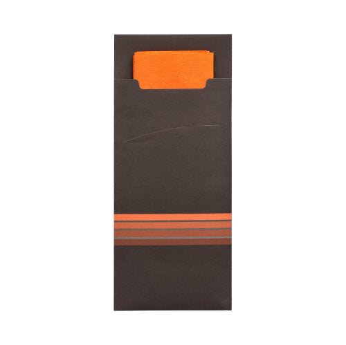 The PAPSTAR 520 cutlery pouches from PAPSTAR GmbH are dark brown paper cutlery pouches in the format 20x8.5 cm with three horizontal orange stripes and an integrated, matching orange 2-ply napkin in the format 33x33 cm, partially visible inside.