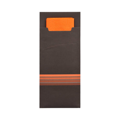 The PAPSTAR 520 cutlery pouches from PAPSTAR GmbH are dark brown paper cutlery pouches in the format 20x8.5 cm with three horizontal orange stripes and an integrated, matching orange 2-ply napkin in the format 33x33 cm, partially visible inside.