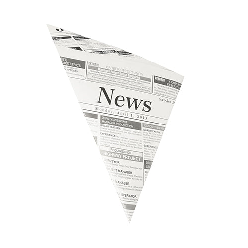 A PAPSTAR cone bag "Newsprint" (32.5x23 cm) parchment substitute-greaseproof, with text and headlines with "News" in the center. Pack of 300 pieces from PAPSTAR GmbH.