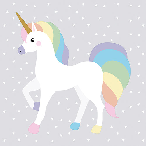 A white unicorn with a golden horn and pastel-colored rainbow mane stands on three legs, depicted on PAPSTAR GmbH 20 napkins, 33x33 cm, 3-ply 1/4-fold design set 1, with a light gray background and small white triangles.
