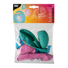 Eine transparente Kunststoffpackung mit sechs bunten Luftballons (Ø 29 cm) der PAPSTAR GmbH mit Einhorn-Aufdruck. Das obere Etikett zeigt „PAPSTAR“ sowie Abbildungen von Luftballons und lächelnden Menschen. Erhältlich in Blau, Grün und Pink.