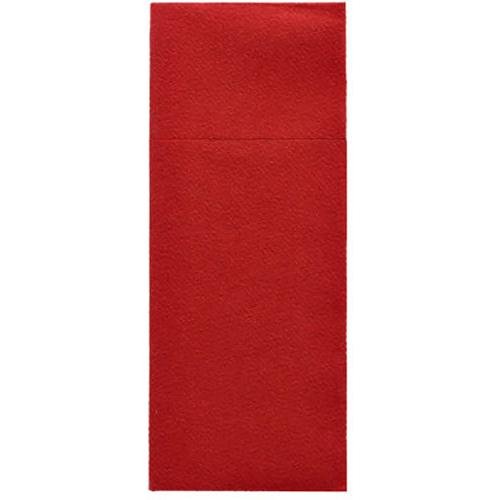 A red Starpak 480 cutlery bag made of Airlaid (40 x 33 cm, with cutlery fold) stands vertically on a white background; A fine horizontal line appears in the upper third, providing a high-quality presentation.