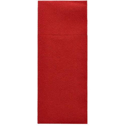 A red Starpak 480 cutlery bag made of Airlaid (40 x 33 cm, with cutlery fold) stands vertically on a white background; A fine horizontal line appears in the upper third, providing a high-quality presentation.