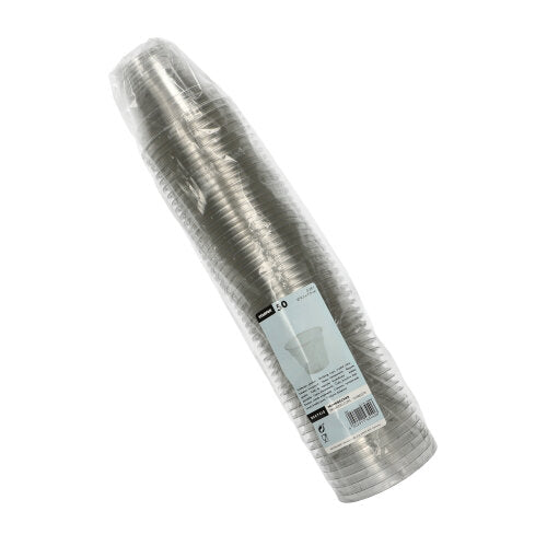 Eine Packung mit 50 Starpak "Hurricane" PET glasklar Trinkbecher, verpackt in Plastik mit einem weißen Etikett auf der Vorderseite, das die Produktdaten und einen Barcode enthält.