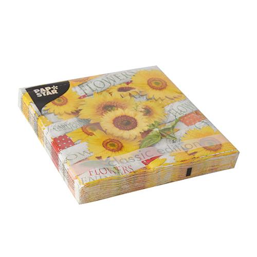 A pack of PAPSTAR 20 napkins, 33 cm x 33 cm, 3-ply, Design Set 1 features a sunflower motif with "Classic Edition" and "Flowers" on the packaging. The brand PAPSTAR GmbH is depicted at the top left.