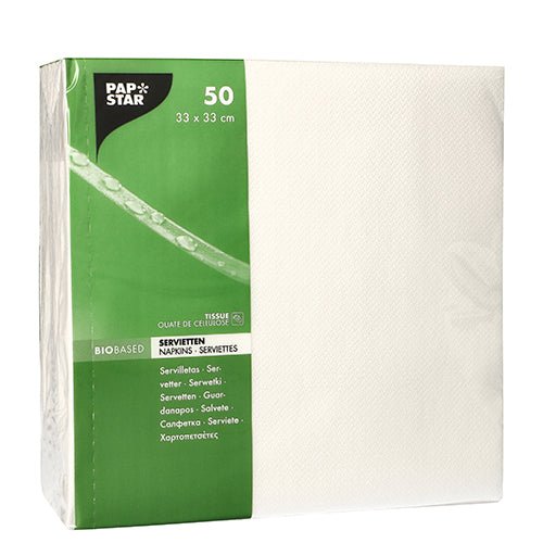 A pack of 50 PAPSTAR GmbH napkins 1/4-fold, 33x33 cm, white, 2-ply. These white napkins are delivered in a green-white packaging with multilingual product information.