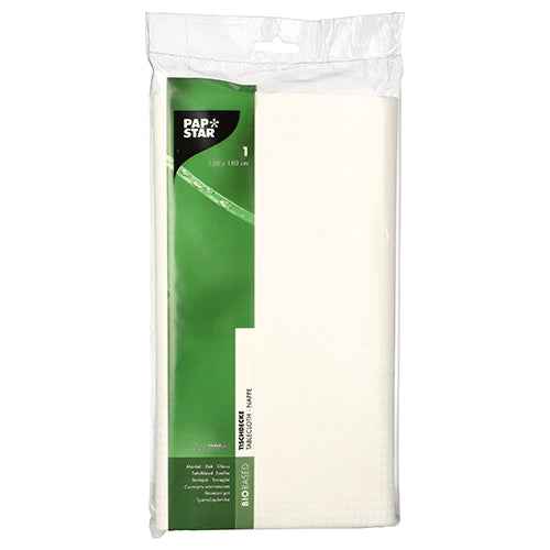 A sealed plastic package contains a folded white PAPSTAR tablecloth sheet (120x180 cm) for parties, with green and white labeling from PAPSTAR GmbH, highlighting the durable design.