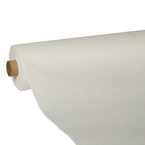 A large roll of PAPSTAR tablecloth "ROYAL Collection", white, 25 m x 1.18 m from PAPSTAR GmbH is partially unrolled and shows its flawless, unpatterned white surface and the central cardboard tube.