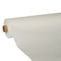 A large roll of PAPSTAR tablecloth "ROYAL Collection", white, 25 m x 1.18 m from PAPSTAR GmbH is partially unrolled and shows its flawless, unpatterned white surface and the central cardboard tube.