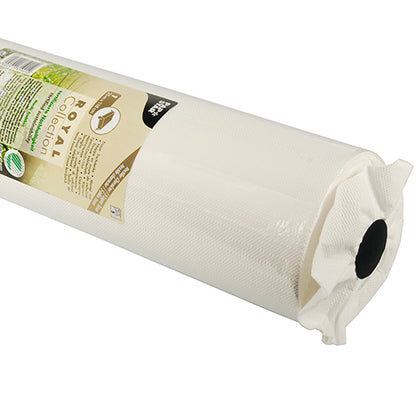 A close-up of the PAPSTAR ROYAL Collection tablecloth, white (25 m x 1.18 m), from PAPSTAR GmbH shows a rolled-up white tablecloth with a textured surface and beige label against a white background.