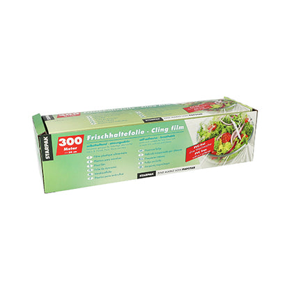 The Starpak cling film folding box is a rectangular box with green and white lettering, "300 meters" in red, salad images, and multilingual German and English text for keeping food fresh.