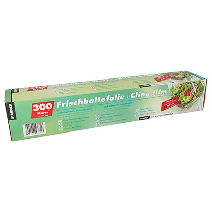The Starpak cling film folding box is a rectangular box made of cling film (300 meters) with green packaging and the words "Cling Film" and "Cling Film", containing salad images and instructions for keeping your food fresh.