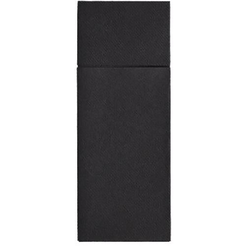 The Starpak 480 cutlery bags, Airlaid 40 cm x 33 cm with cutlery fold, are rectangular black napkins with a subtle texture and a horizontal line at the top, ideal for the hygienic presentation of cutlery. Depicted on a plain background.