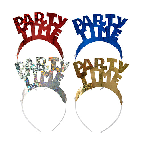 The PAPSTAR 4 headbands color assorted "Metallic" from PAPSTAR GmbH are made of plastic headbands with the inscription "PARTY TIME" in bold letters, each in metallic shiny red, blue, silver or gold - ideal for parties.