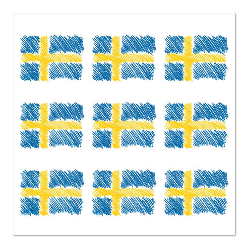 Nine hand-drawn Swedish flags in a 3x3 grid on white, each with a yellow cross on blue and sketchy texture. Ideal for the 20 napkins design set 1 by PAPSTAR GmbH, 33x33 cm, 3-ply, 1/4-fold.